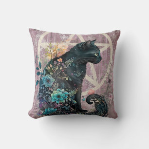 Striking Black Cat Jewel-Toned Pentacle Flowers Throw Pillow