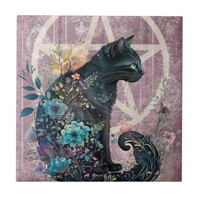 Striking Black Cat Jewel-Toned Pentacle Flowers Tile (Front)