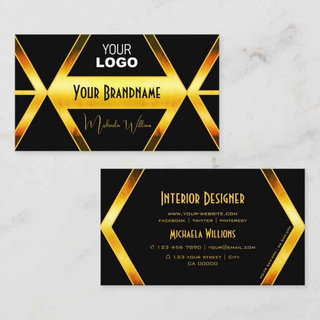 Striking Black Geometric Orange Shimmer with Logo  Business Card (Front/Back)