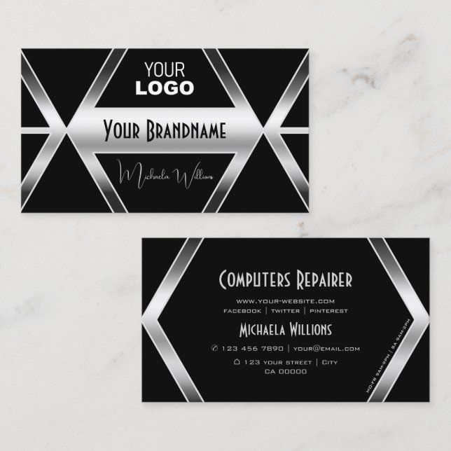 Striking Black Geometric Shimmery Silver with Logo Business Card (Front/Back)