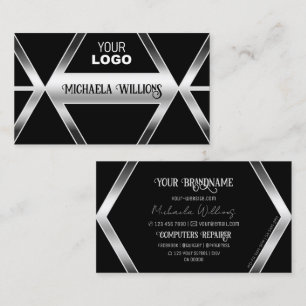 Striking Black Geometric Silver Shimmer with Logo Business Card