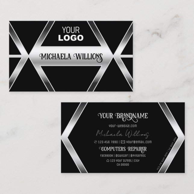 Striking Black Geometric Silver Shimmer with Logo Business Card (Front/Back)