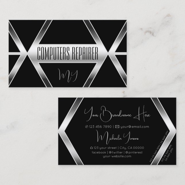 Striking Black Geometric with Silver and Monogram Business Card (Front/Back)