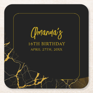 Striking Black & Gold Marble Sweet 16 Birthday Square Paper Coaster