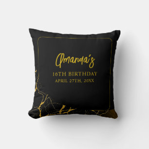Striking Black & Gold Marble Sweet 16 Birthday Throw Pillow