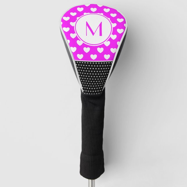 Striking Black, Pink And White Custom Monogram Golf Head Cover (Front)