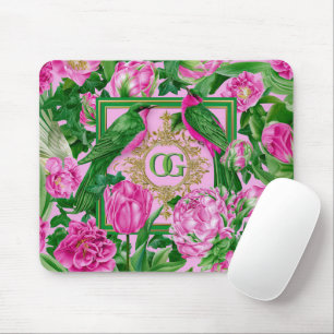 Striking Botanical Pink and Green Monogrammed Mouse Pad