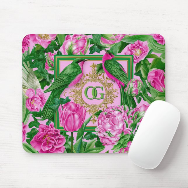 Striking Botanical Pink and Green Monogrammed  Mouse Pad (With Mouse)