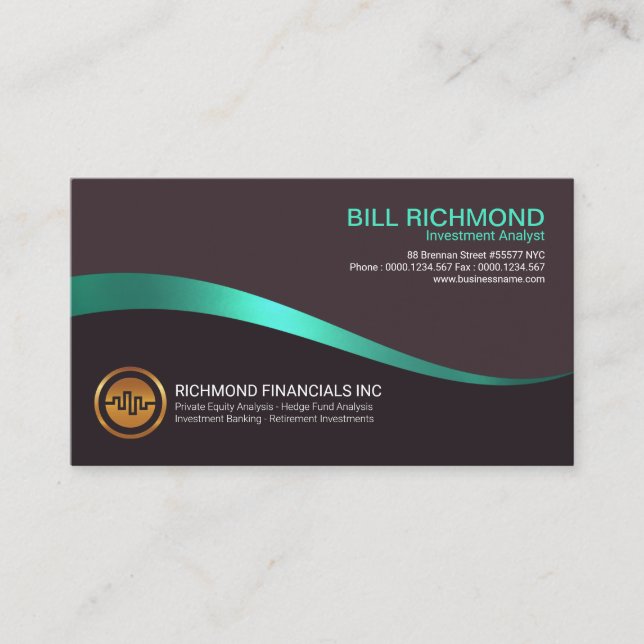 Striking Bright Gold Cyan Wave Investment Analyst Business Card (Front)