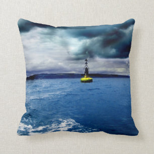 Striking Buoy Amongst Crashing Waves with Clouds Throw Pillow