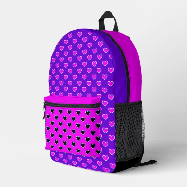 Striking Colours Pink Purple And Black With Hearts Printed Backpack (Back Corner Right)