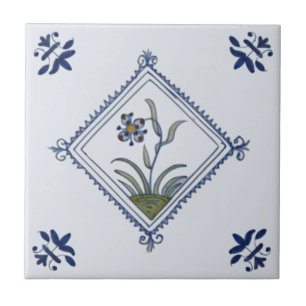 Striking Delft Diamond Framed Floral Blue Multi  Tile