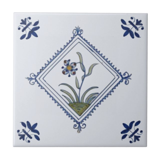 Striking Delft Diamond Framed Floral Blue Multi  Tile (Front)