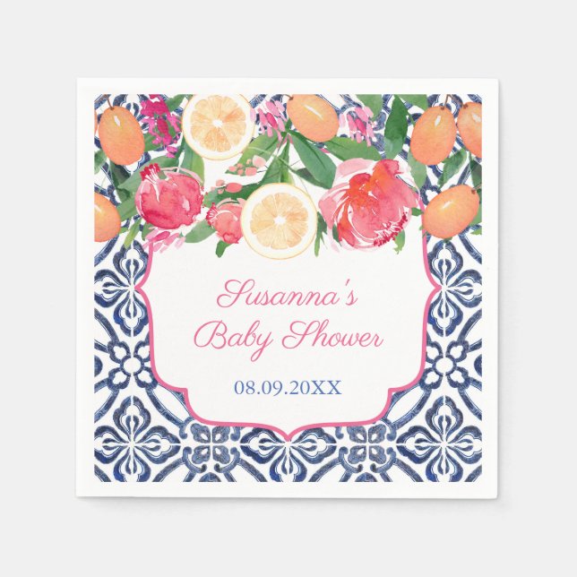Striking Florals Citrus Blue Tiles Bridal Shower Napkin (Front)