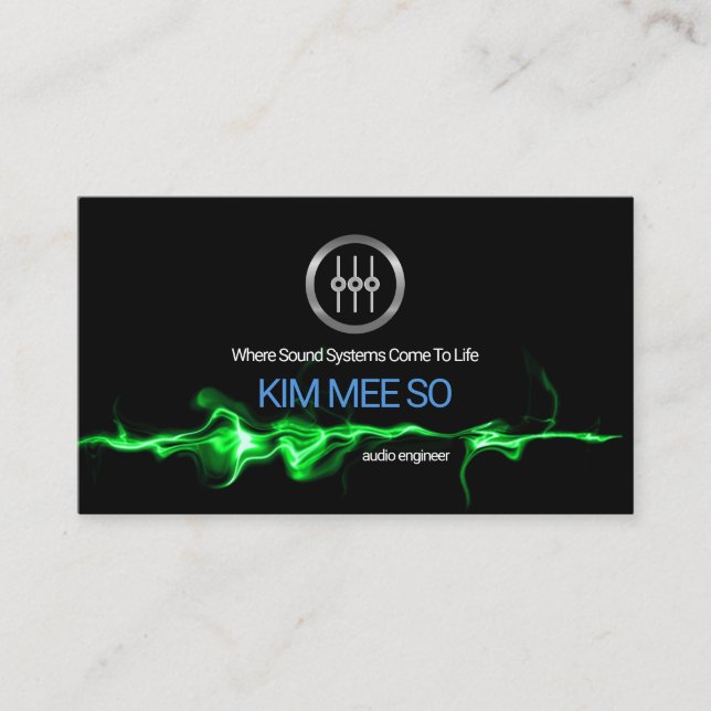 Striking Green Electric Audio Waves Sound Engineer Business Card (Front)