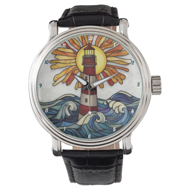 Striking Lighthouse Sun Ocean Waves Watch (Front)