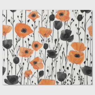 Striking Orange and Black Watercolor Poppies Wrapping Paper