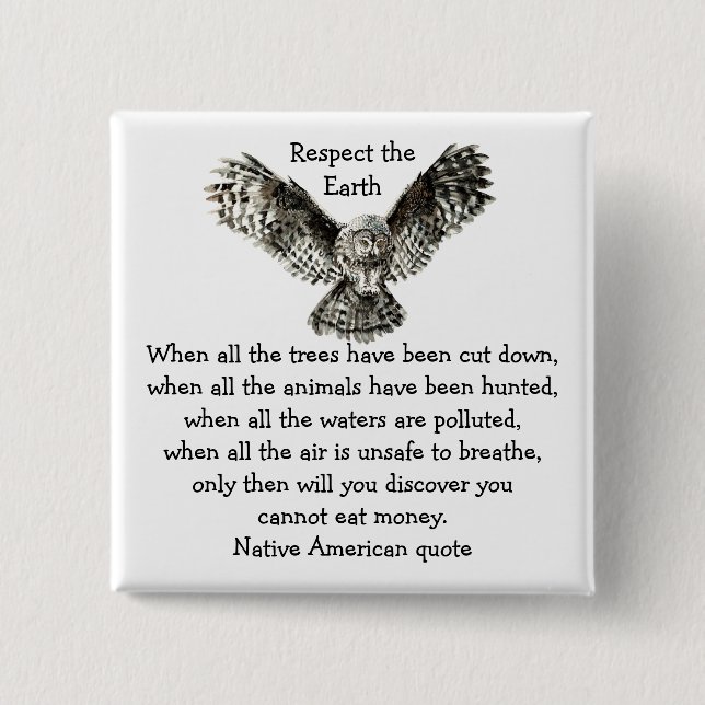 Striking Owl Respect the Earth Native American 2 Inch Square Button (Front)