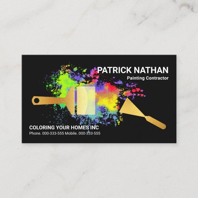 Striking Paint Splatter Gold Paint Brushes Business Card (Front)