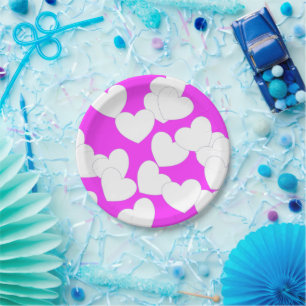 Striking Pink Paper Plate With Big White Hearts