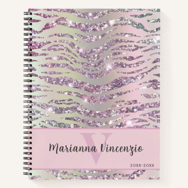 Striking Pink Silver Tiger Zebra Glitter Notebook (Front)
