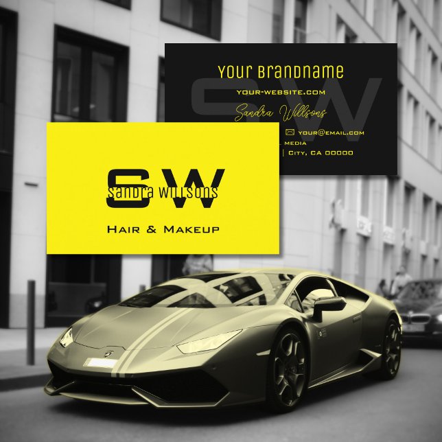 Striking Plain Yellow and Black Cool with Monogram Business Card (Creator Uploaded)
