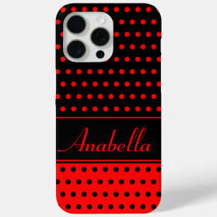 Striking Red And Black Polka Dots, Custom Name iPhone 15 Pro Max Case