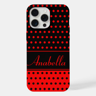 Striking Red And Black Polka Dots, Custom Name iPhone 15 Pro Max Case