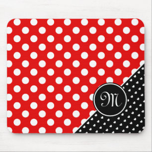 Striking Red, Black And White Polka Dots Monogram Mouse Pad