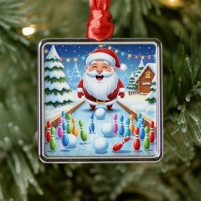 Striking Santa Bowling Candy Cane Lane Personalize Metal Ornament (Tree)
