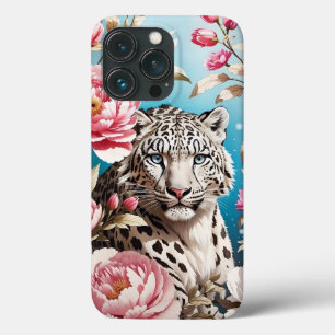 Striking Snow Leopard Gaze and Pink Peonies iPhone 13 Pro Case