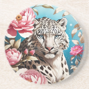 Striking Snow Leopard Gaze And Pink Peonies Coaster