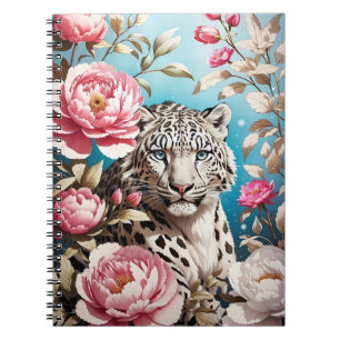 Striking Snow Leopard Gaze And Pink Peonies Notebook