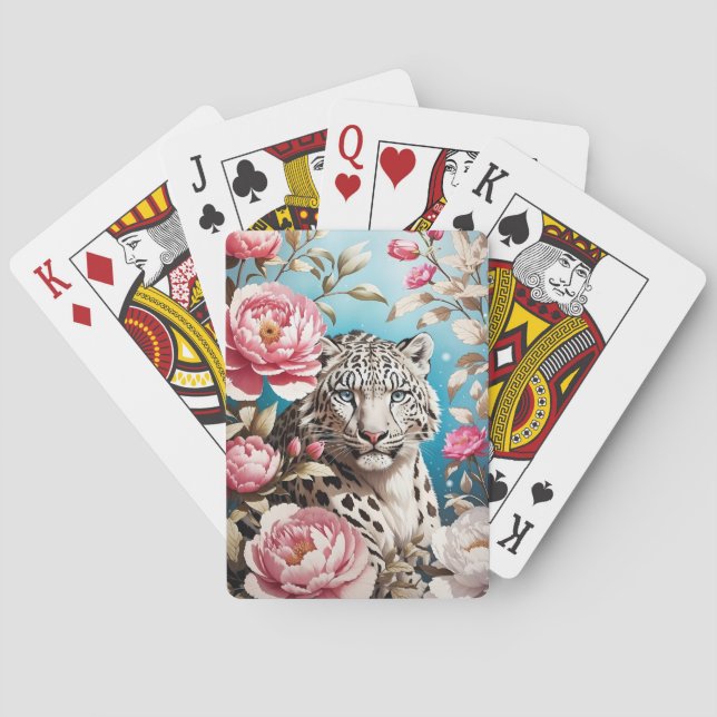Striking Snow Leopard Gaze And Pink Peonies Playing Cards (Back)