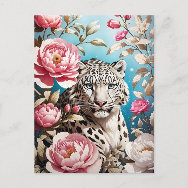 Striking Snow Leopard Gaze And Pink Peonies Postcard (Front)