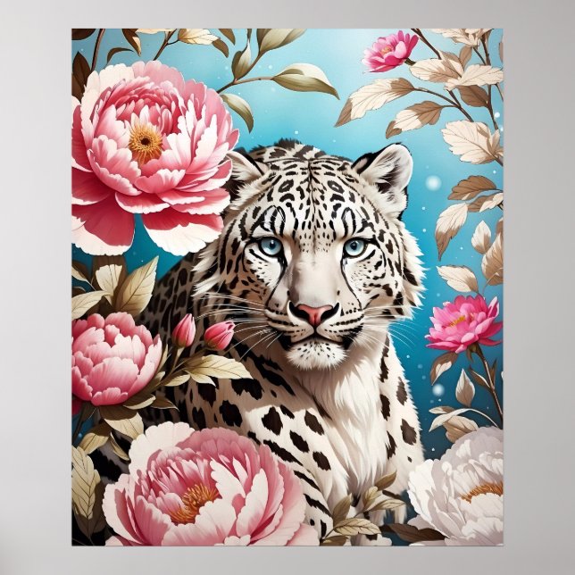 Striking Snow Leopard Gaze And Pink Peonies Poster (Front)