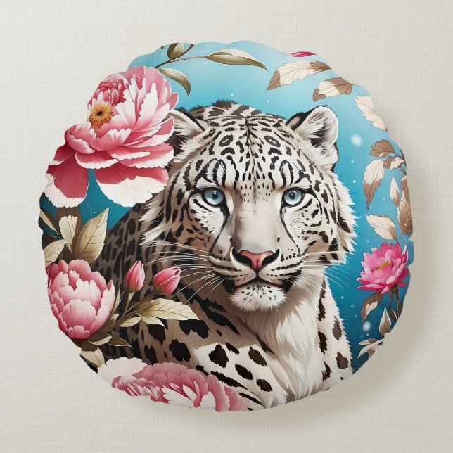 Striking Snow Leopard Gaze And Pink Peonies Round Pillow (Front)