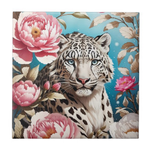 Striking Snow Leopard Gaze And Pink Peonies Tile