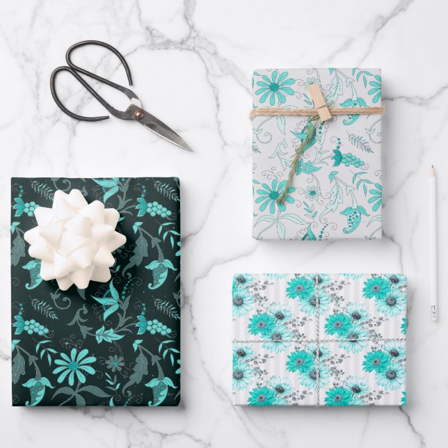 Striking Teal Blue Grey White Floral - Set of 3 Wrapping Paper Sheet (Front)