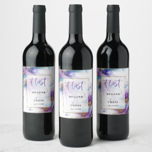 Striking Teal Purple Abstract Flower Wine Label