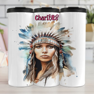 Striking Watercolor: Indigenous Woman Chief Headdr Thermal Tumbler