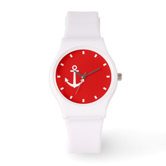 Striking White And Red Watch With An Anchor Symbol (Front)