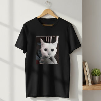 Striking White Cat with Big Eyes Men's Black  T-Shirt