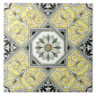 Striking Yellow Black Gray Repro Transferware Tile