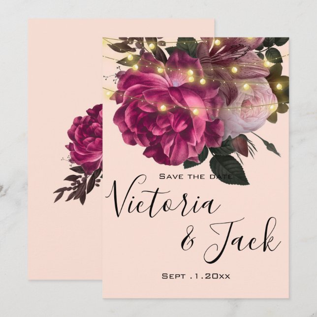 string light Burgundy flower save the dates  Invitation (Front/Back)