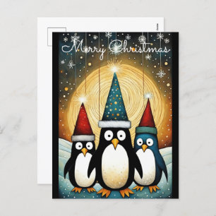 String Light Full Moon Santa Penguin Christmas  Holiday Postcard