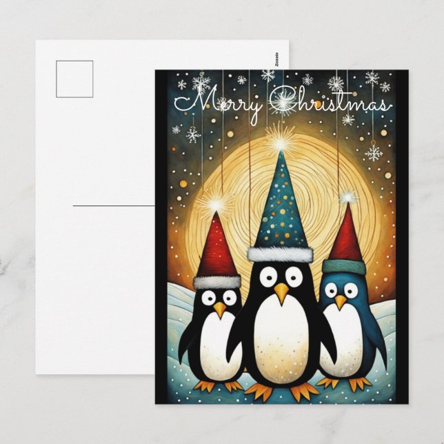 String Light Full Moon Santa Penguin Christmas  Holiday Postcard (Front/Back)