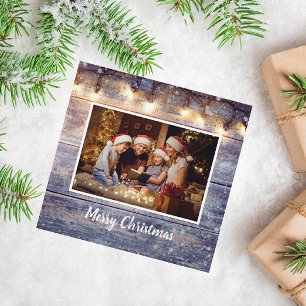String Light Rustic Wood Photo Holiday Card