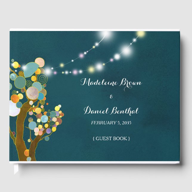 String Light Trees Teal Wedding Guest Book (Front)