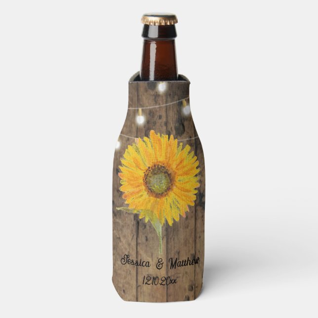String light wood sunflower floral nature Weddings Bottle Cooler (Bottle Front)